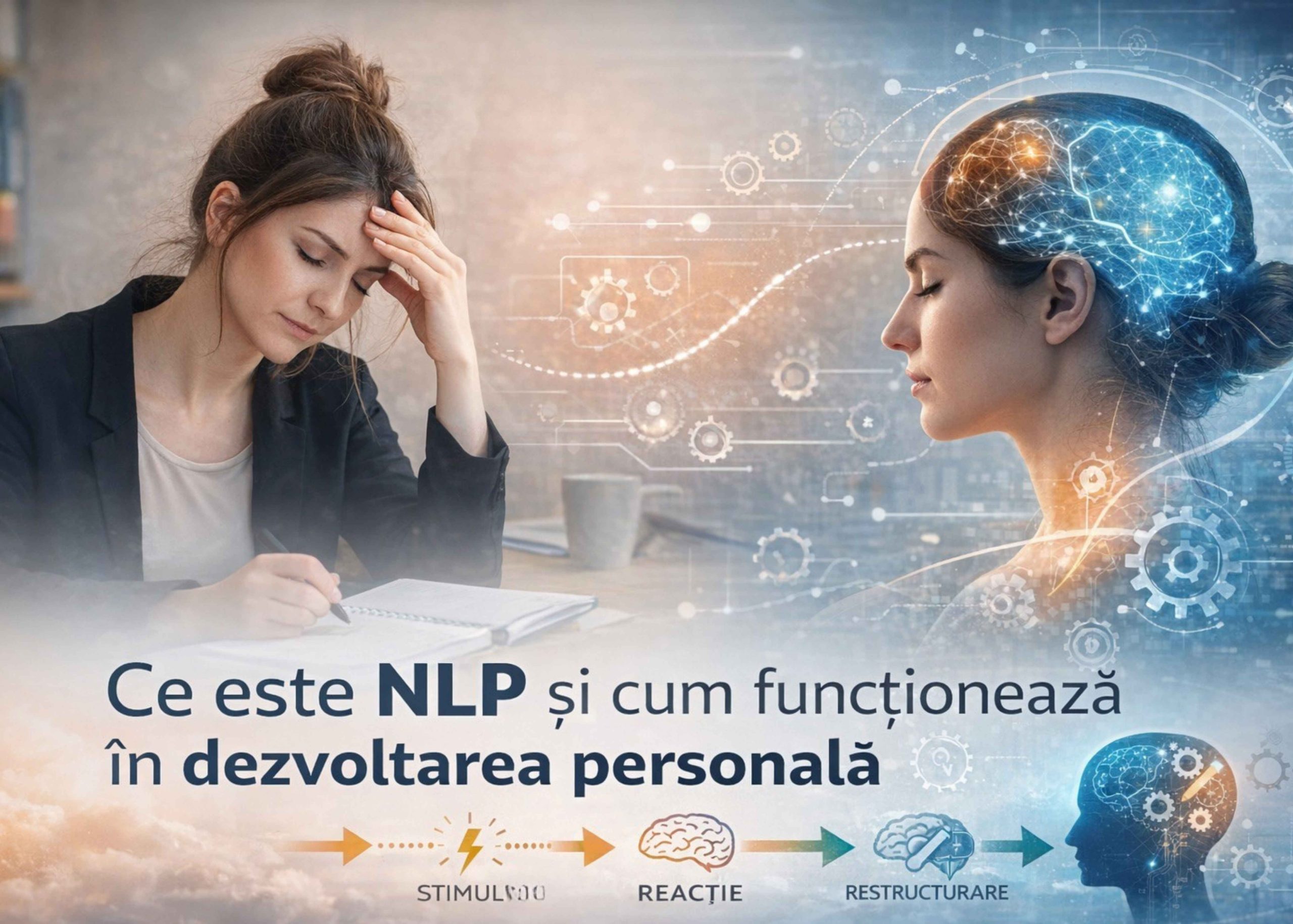 Ilustrație despre NLP care arată diferența dintre reacțiile automate și răspunsul conștient în dezvoltarea personală